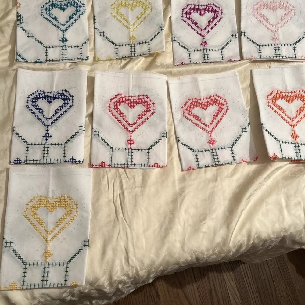 Lot Of 9 New Completed Fairway Cross Stitched Quilt Blocks, 18”x18”